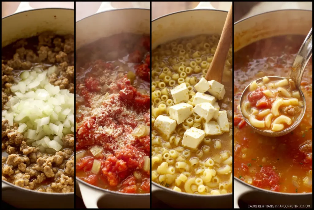 Vertical 4-panel collage showing how to make creamy parmesan Italian sausage ditalini soup from browning sausage to the final creamy bowl