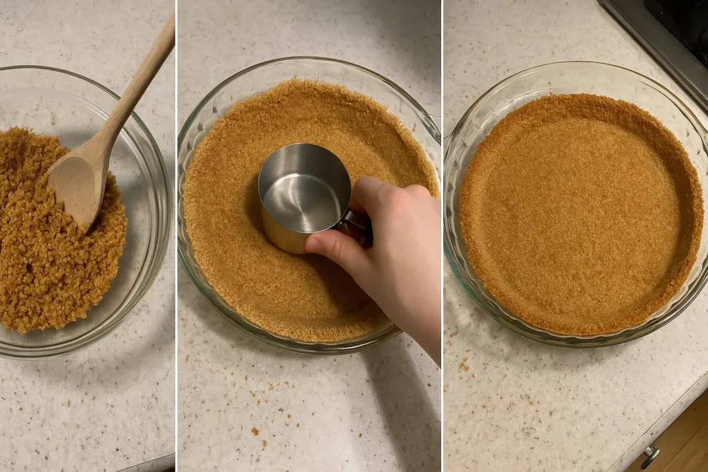 Step-by-step collage showing graham cracker mixture in bowl, crust being pressed into pie dish, and baked to golden brown — homemade in a real kitchen