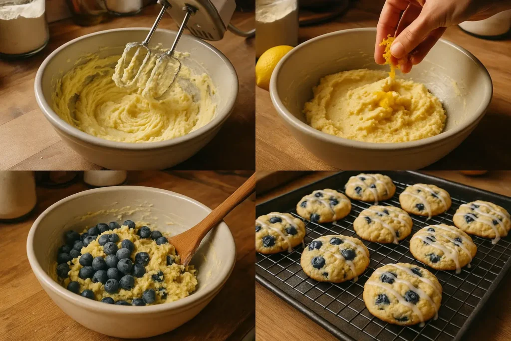 Four-step collage showing the process of making blueberry lemon cookies, from mixing to glazing
