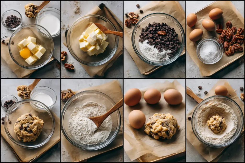 Eight-panel collage showing how to make chocolate chip pecan cookies from mixing to baking in a real home kitchen.