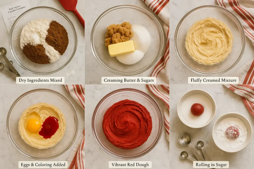 Collage of red velvet crinkle cookie baking steps from dry ingredients to dough rolling