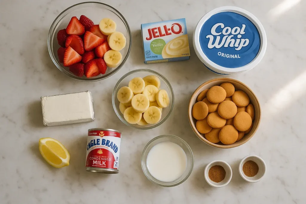 Overhead view of ingredients for strawberry banana pudding including fresh fruit, pudding mix, whipped topping, and vanilla wafers