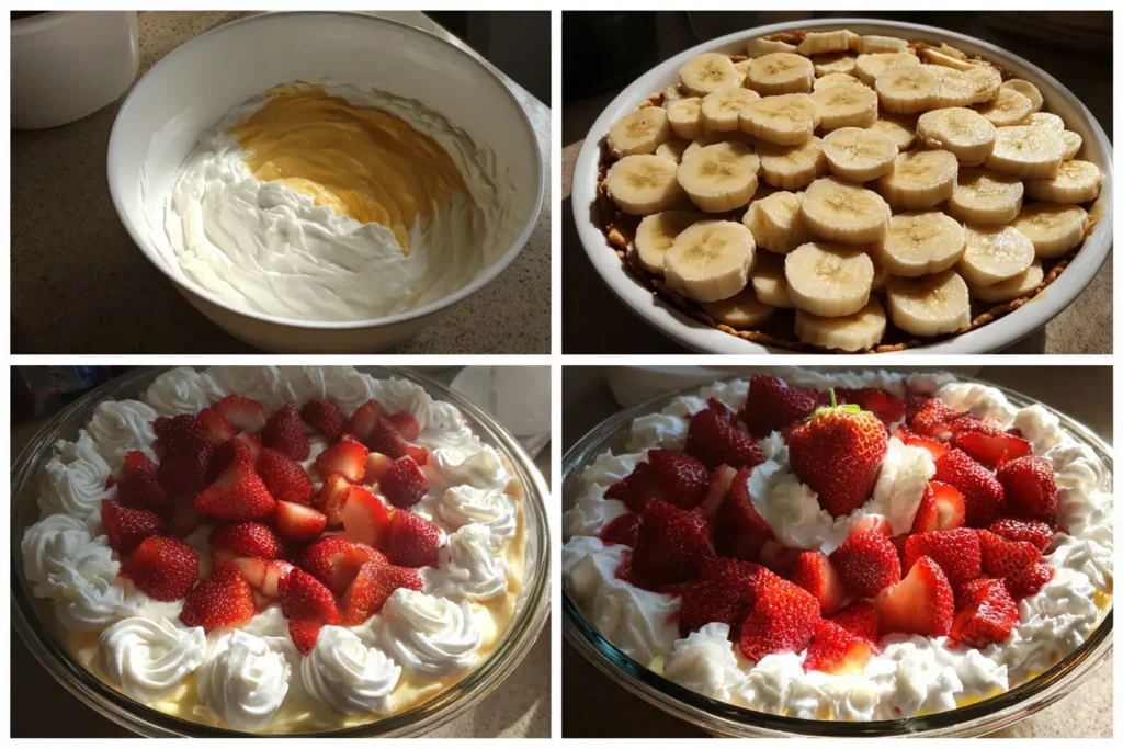 Four-photo collage showing how to make strawberry banana pudding from mixing to final layering