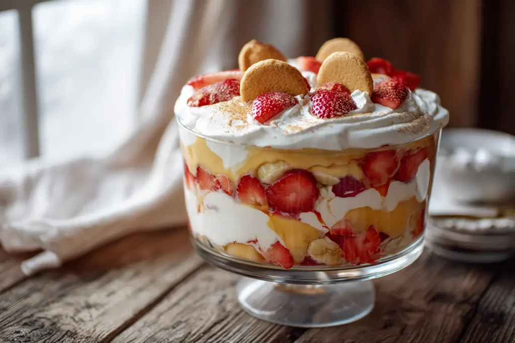 Layered strawberry banana pudding in a glass trifle dish with vanilla wafers, fresh fruit, and whipped cream