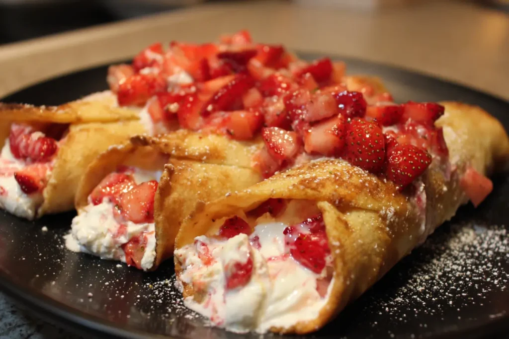 Close-up of tortillas being filled with strawberry cheesecake filling and diced strawberries on a kitchen table