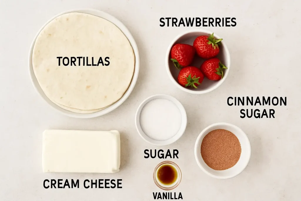 Overhead photo of ingredients for strawberry cheesecake chimichangas including tortillas, cream cheese, sugar, strawberries and cinnamon