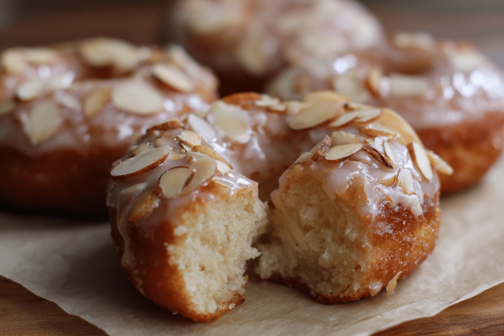Top-down view of almond mochi donuts on parchment with toasted almond topping and glossy glaze