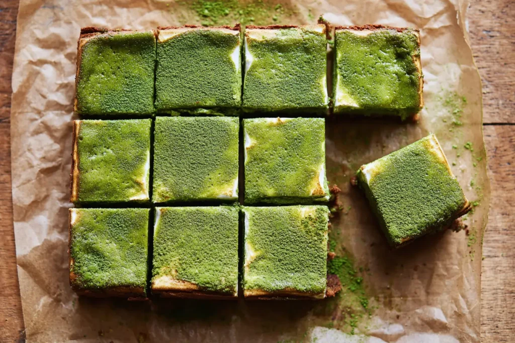Overhead shot of a full tray of matcha s’mores brownies with one square lifted to show layers of graham cracker crust, matcha brownie, and toasted marshmallow