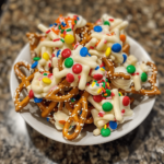 Overloaded white chocolate pretzel clusters topped with M&Ms and sprinkles on parchment paper