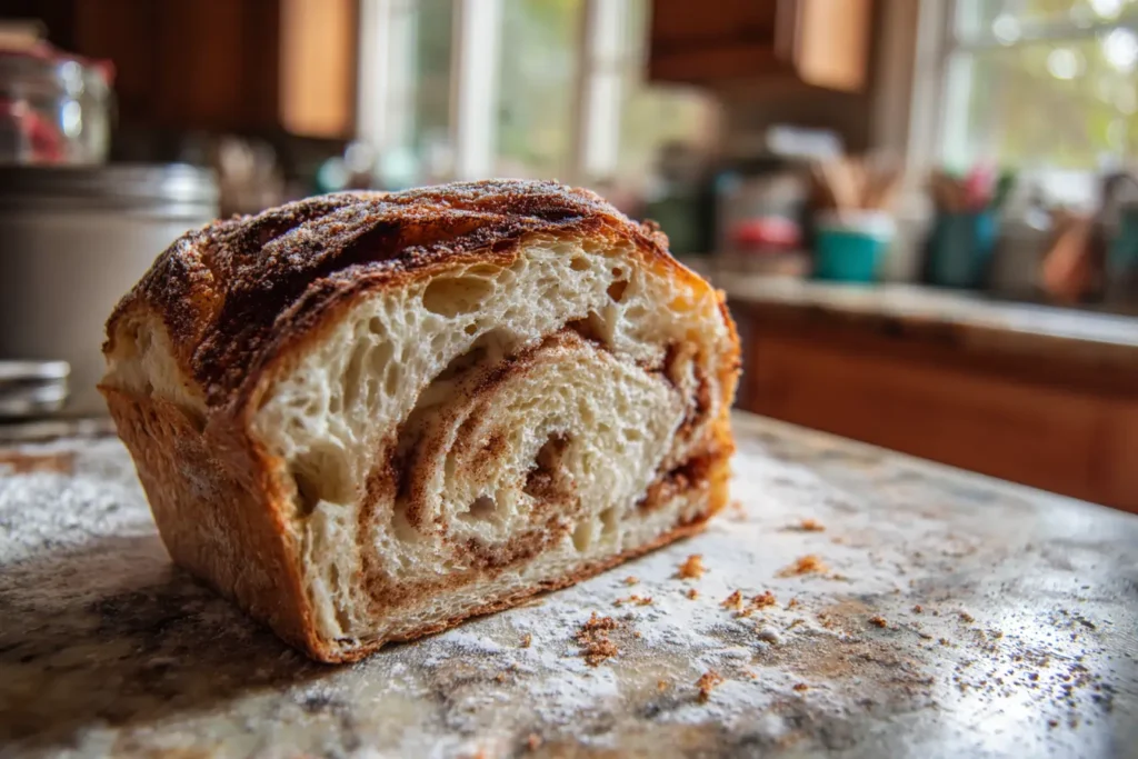 Bubbly sourdough starter at peak in a glass jar with visible bubbles