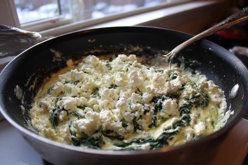 Feta being folded into creamed spinach off the heat in a skillet for a smooth, creamy texture.