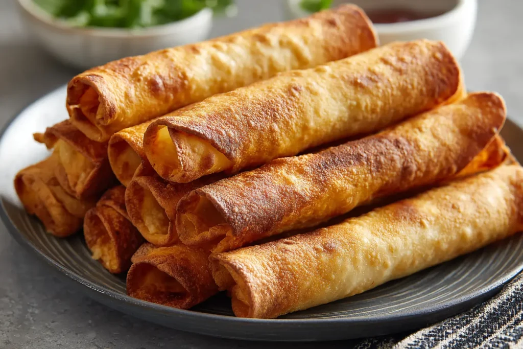 Golden crispy air fryer chipotle taquitos served on a kitchen table