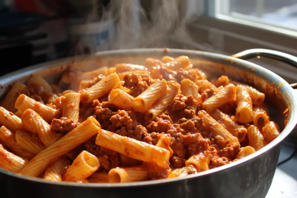 Cooked ziti pasta draining in a colander, slightly undercooked for a ziti with meat sauce recipe. 