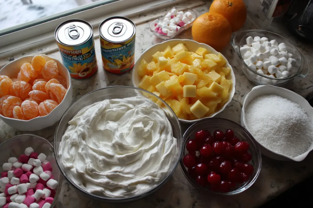 Close-up spoon lift of creamy ambrosia salad with fruit and marshmallows.