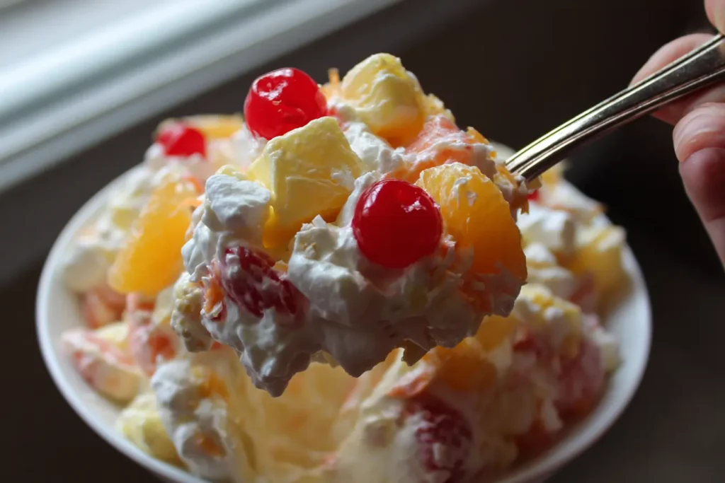 Spoon lifting fluffy ambrosia salad with mandarin oranges and marshmallows