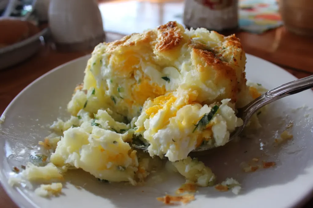 Spoonful of Anglesey Eggs showing mashed potatoes, leeks, and sliced eggs