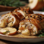 Apple and brie stuffed chicken breast sliced with melty brie and apples