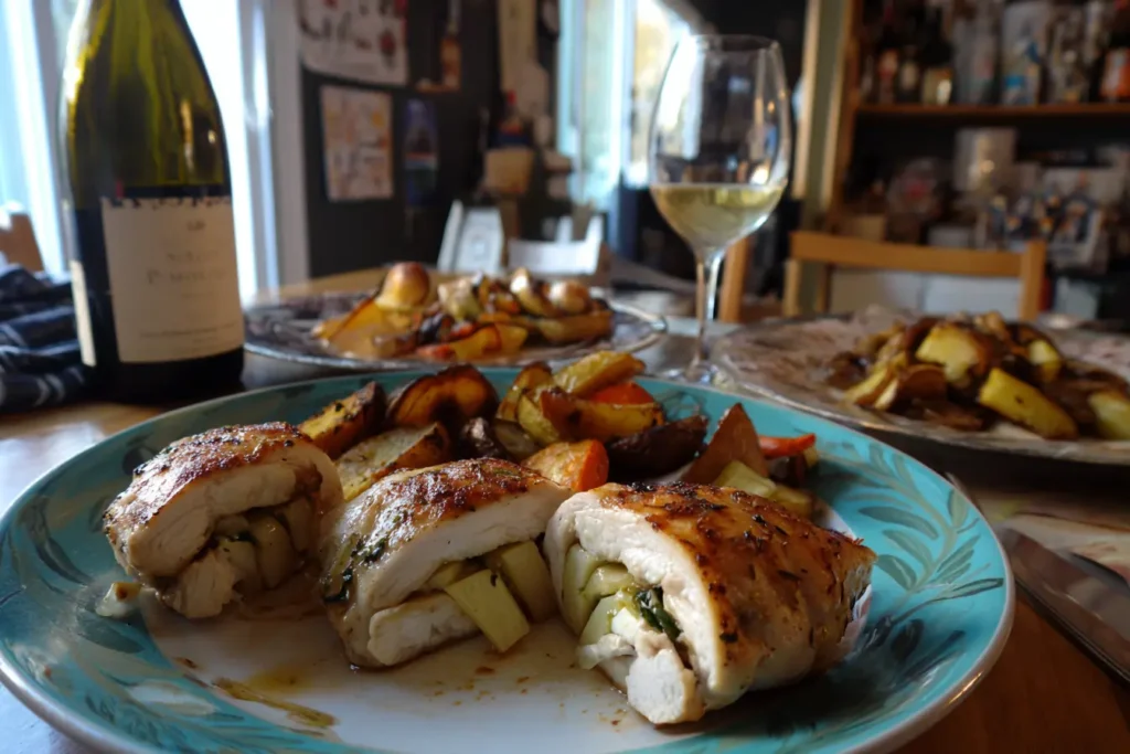 Apple and brie stuffed chicken breast served with roasted vegetables