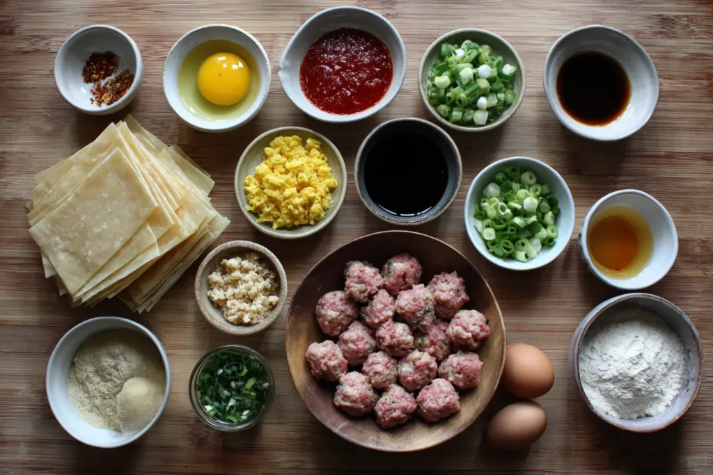 Flat lay of ingredients for Asian wonton meatball bites on a wooden table