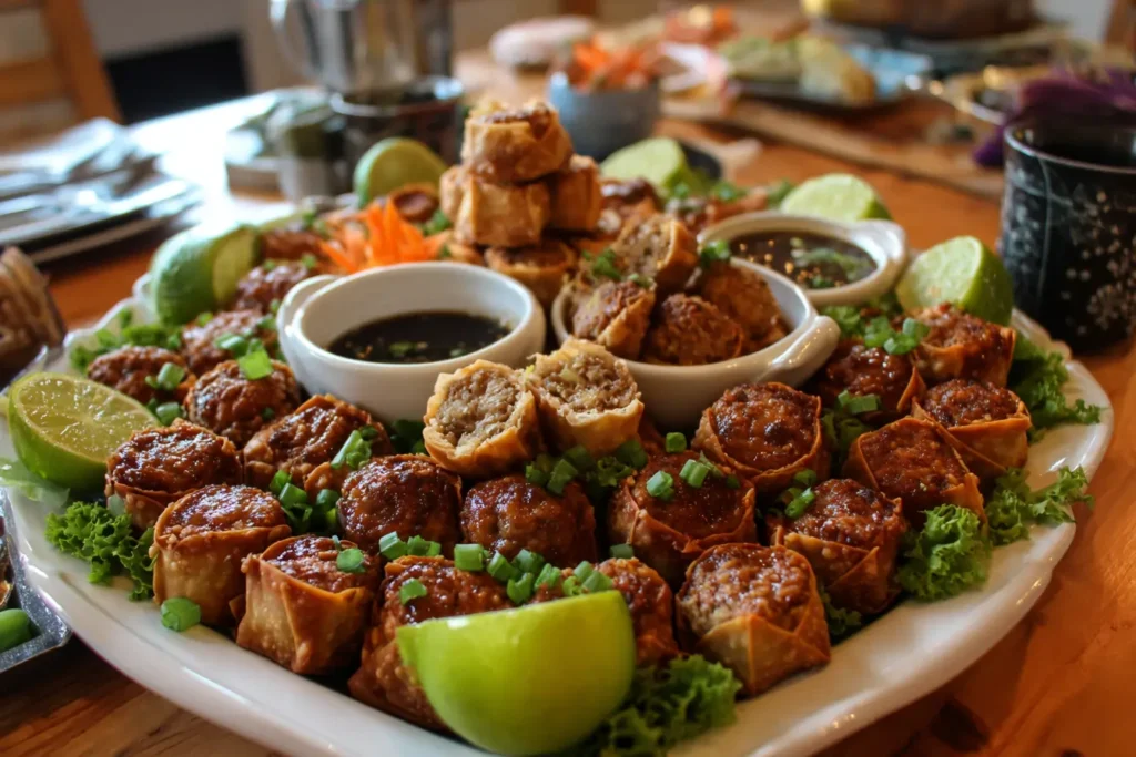 Large platter of crispy Asian wonton meatball bites with dipping sauces and lime wedges