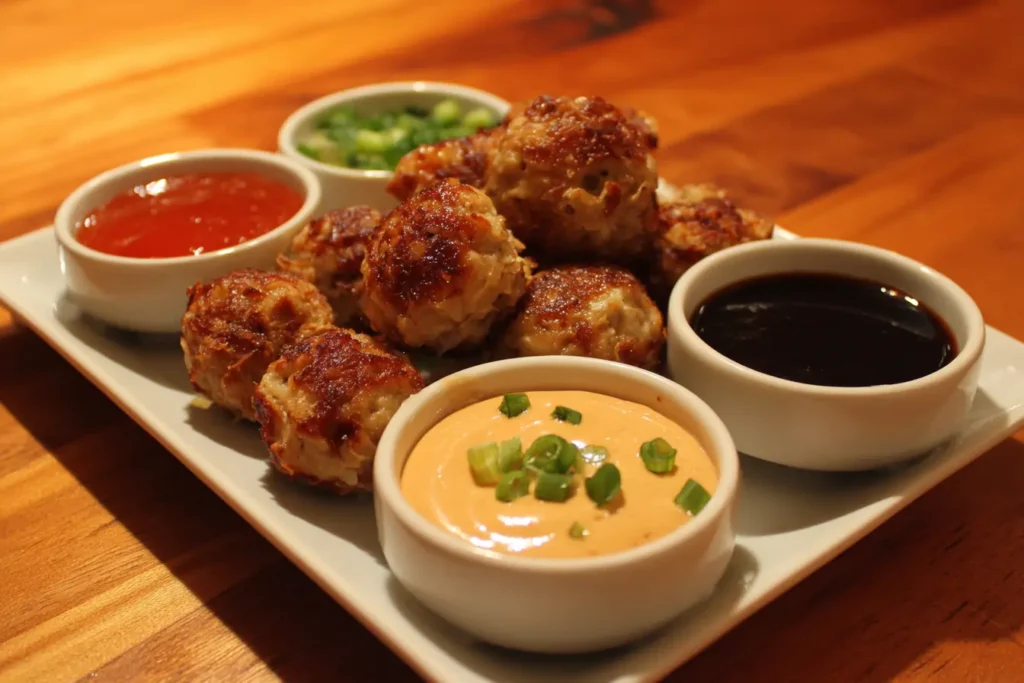 Small plate of Asian wonton meatball bites with soy, sweet chili, and gochujang dipping sauces