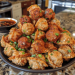 Crispy Asian wonton meatball bites piled on a plate with dipping sauces