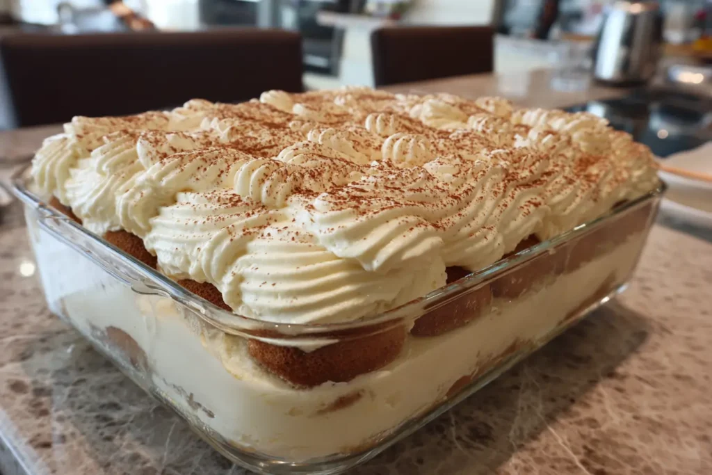 Spreading mascarpone cream over coffee-dipped ladyfingers in a dish
