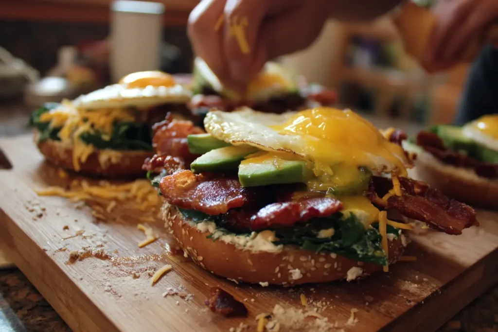 Hands assembling a bagel breakfast sandwich on a wooden board
