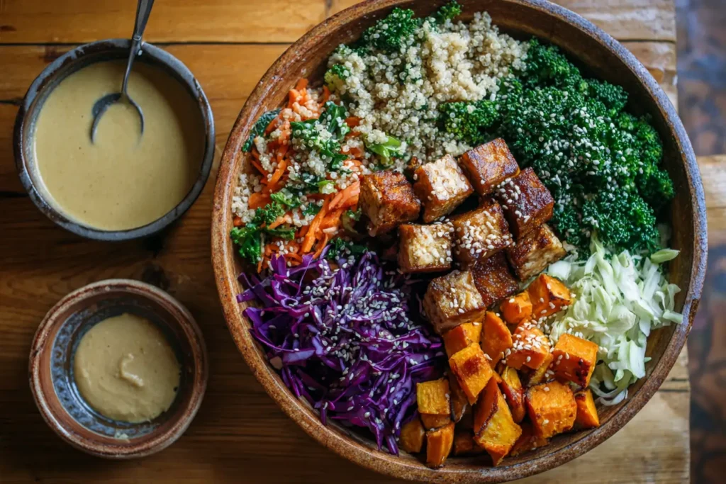 Hand adding crispy tempeh onto quinoa and veggies in a Buddha bowl mid-assembly
