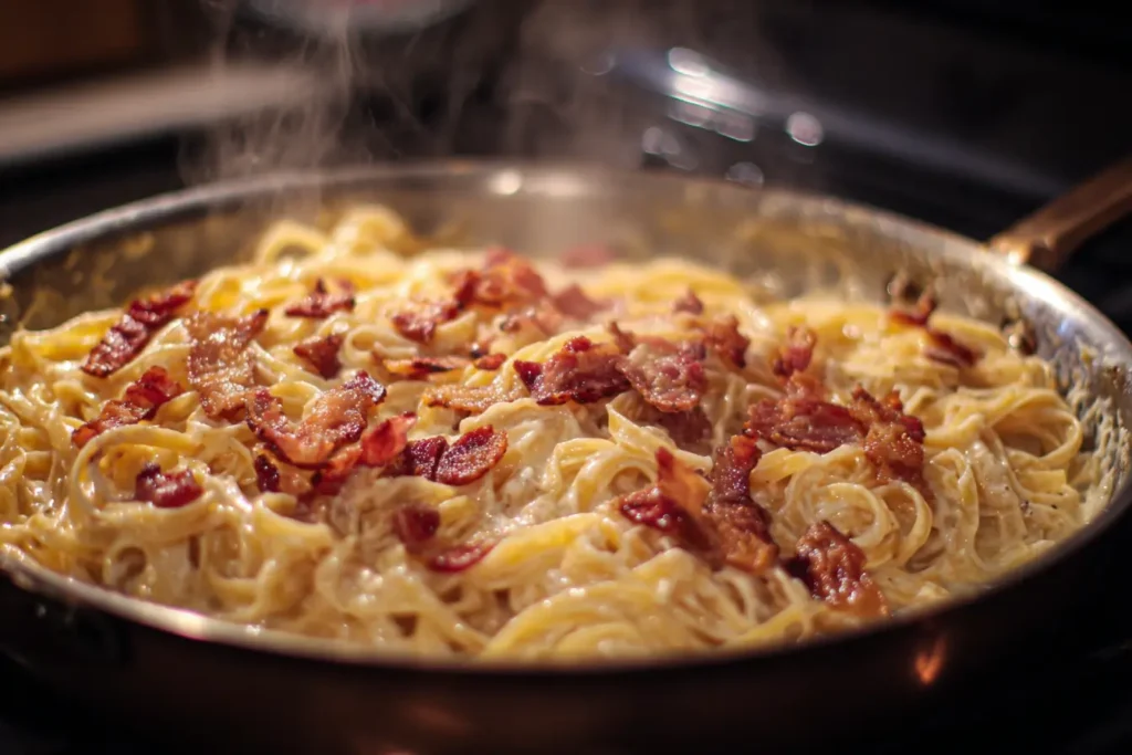 Bacon sizzling in a skillet for creamy carbonara