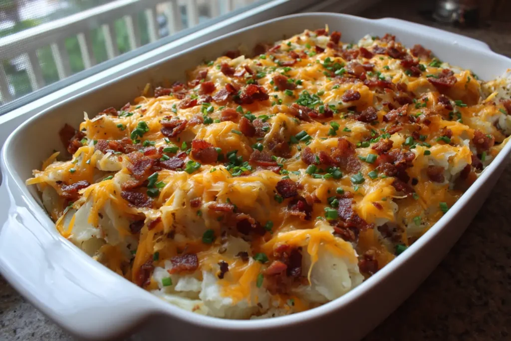 Cheddar, onions, and bacon sprinkled over mashed potatoes for lazy perogy casserole