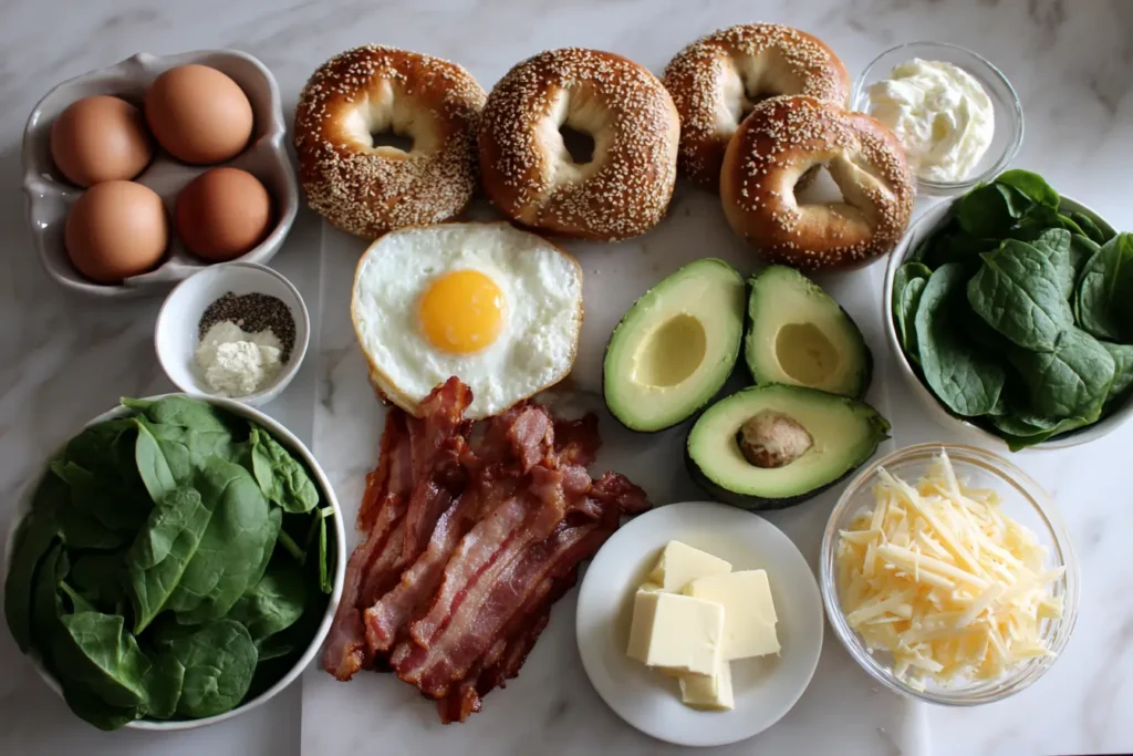 Overhead view of bagel breakfast sandwich ingredients on a white counter