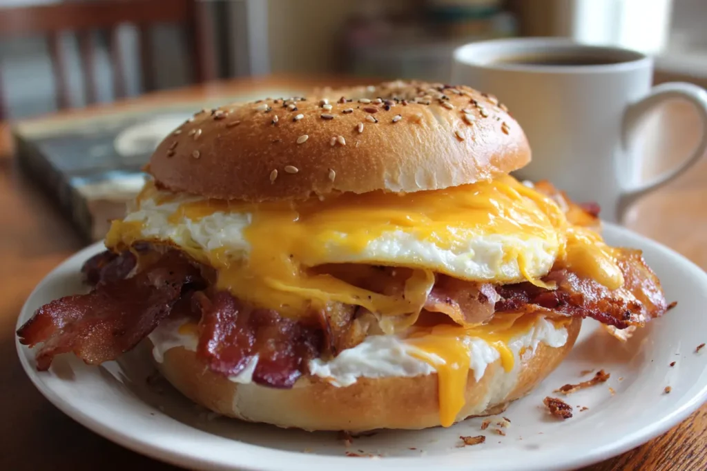 Tall bagel breakfast sandwich with egg, bacon, and melted cheddar
