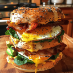 Ultra-realistic bagel breakfast sandwich with egg, bacon, and melted cheddar
