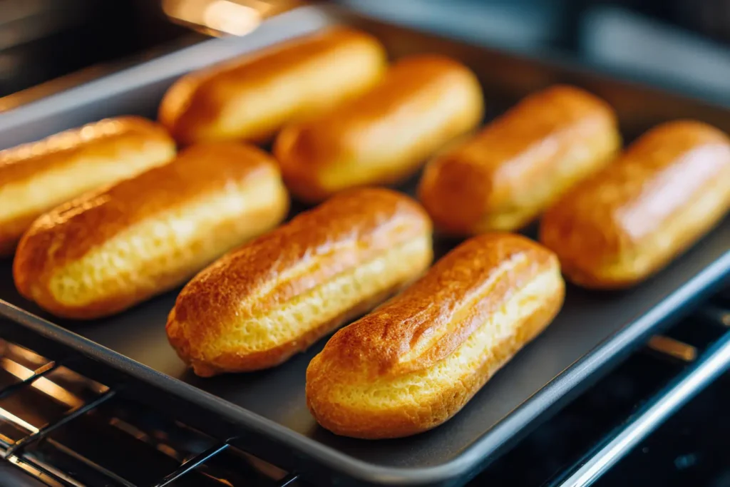 Golden baked coffee éclairs cooling on a tray in a home kitchen