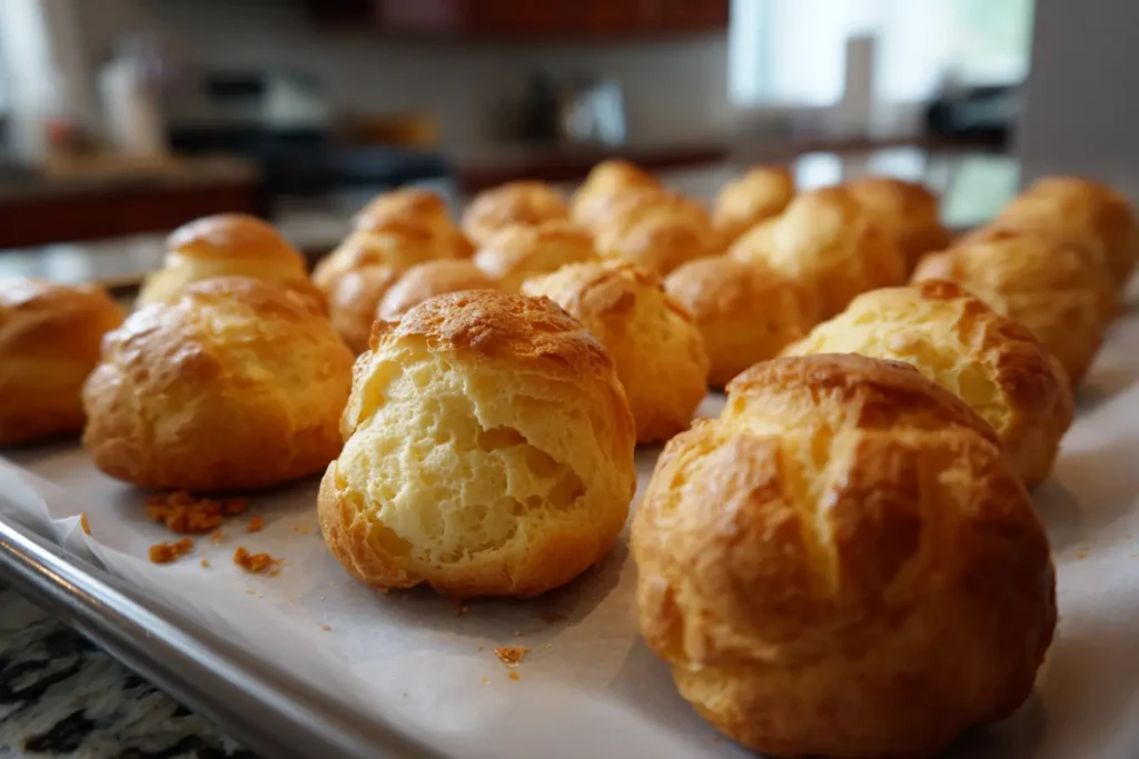 Freshly baked profiterole shells for choux pastry
