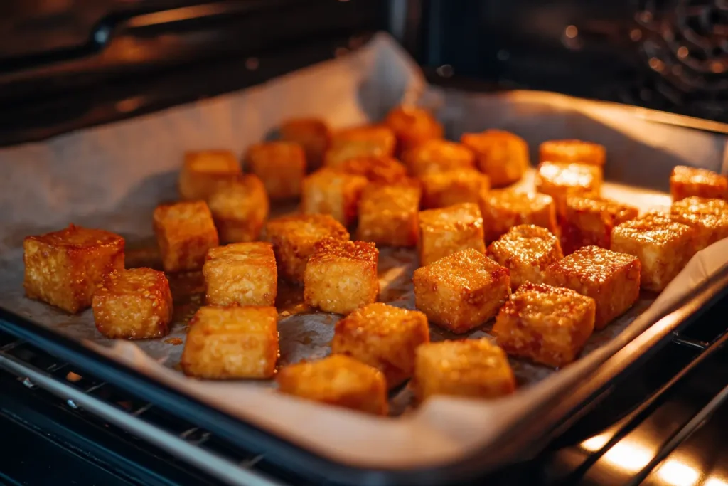 Crispy tofu cubes on a baking sheet for baked or air fryer honey garlic tofu
