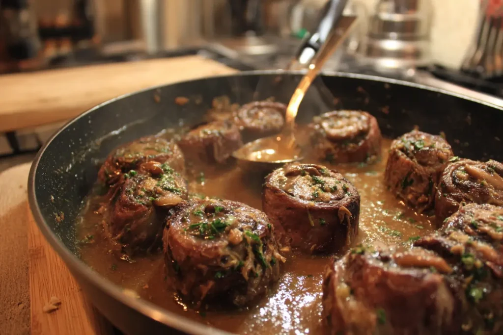 Rolled mushroom-stuffed beef olives tied with kitchen string on a cutting board