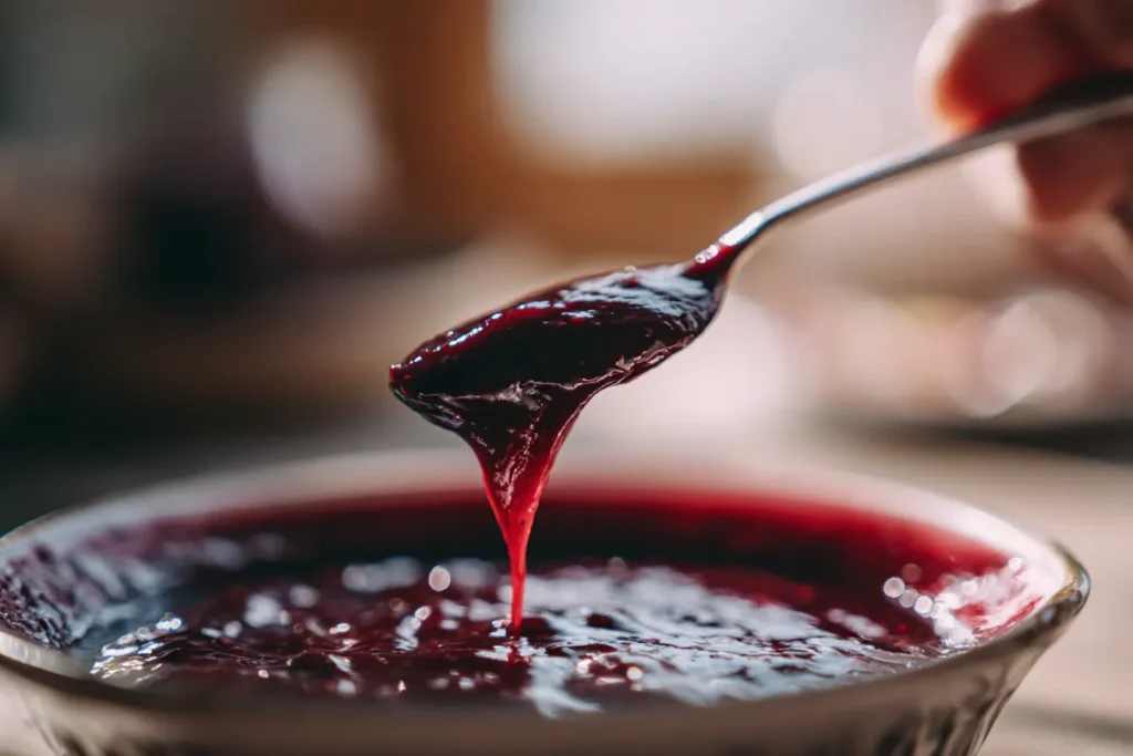 Spoon lifted from thick blackberry curd with a clean line test