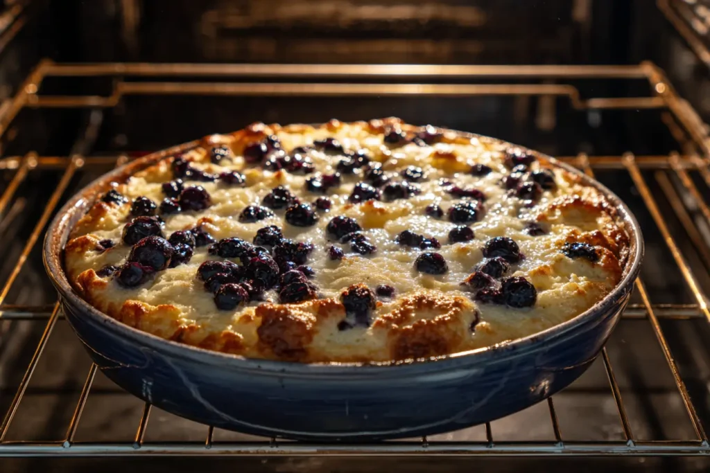 A large slice of blueberry pancake casserole lifted with a spatula, showing fluffy texture and juicy blueberries, with syrup on the side