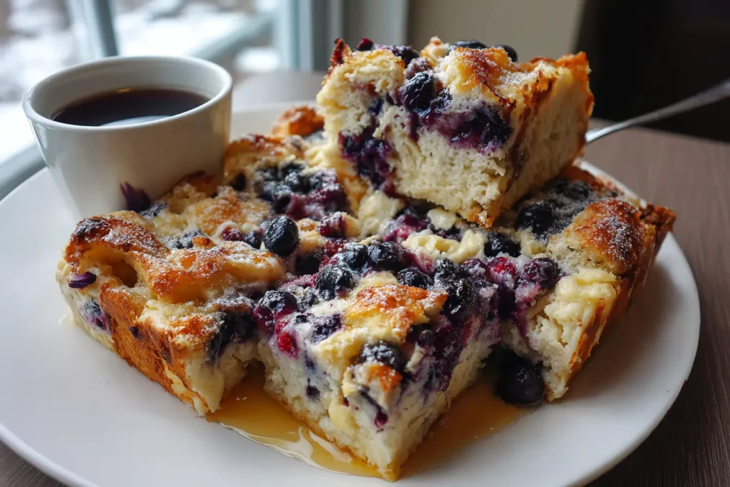 A large slice of blueberry pancake casserole lifted with a spatula, showing fluffy texture and juicy blueberries, with syrup on the side