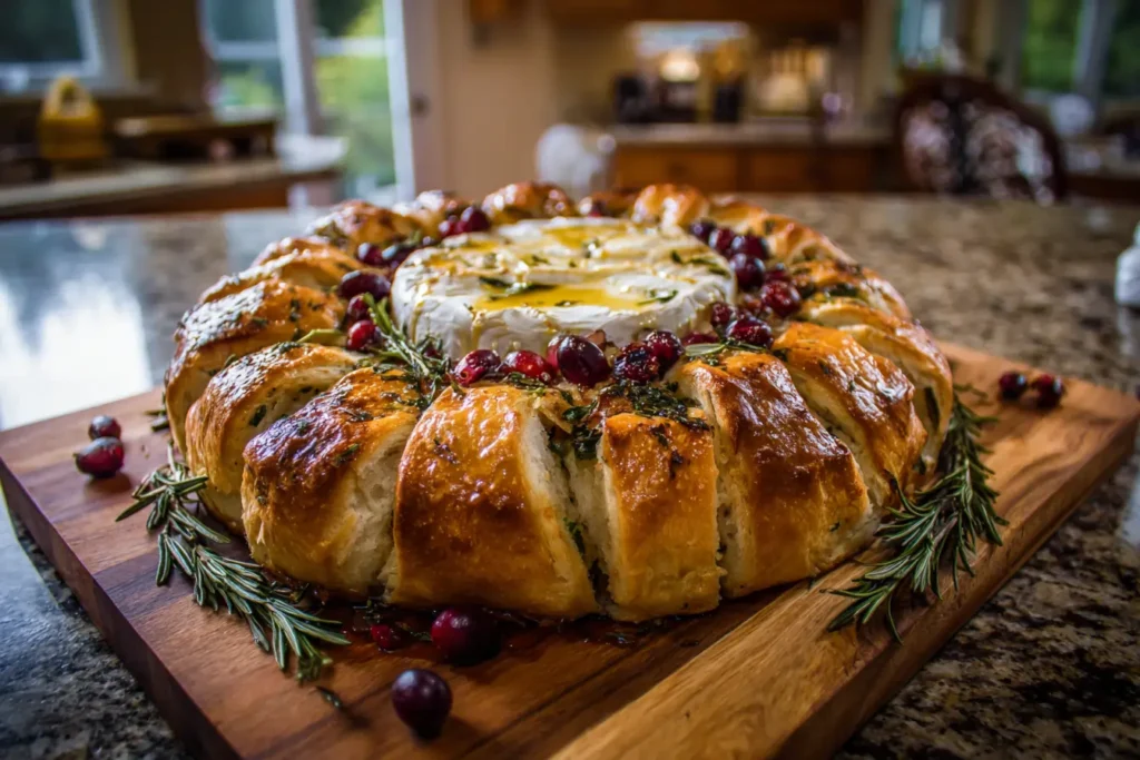 bread wreath with baked brie on a wooden board with melted brie center