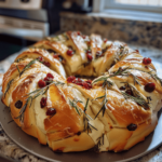 bread wreath with baked brie baked until golden and melty