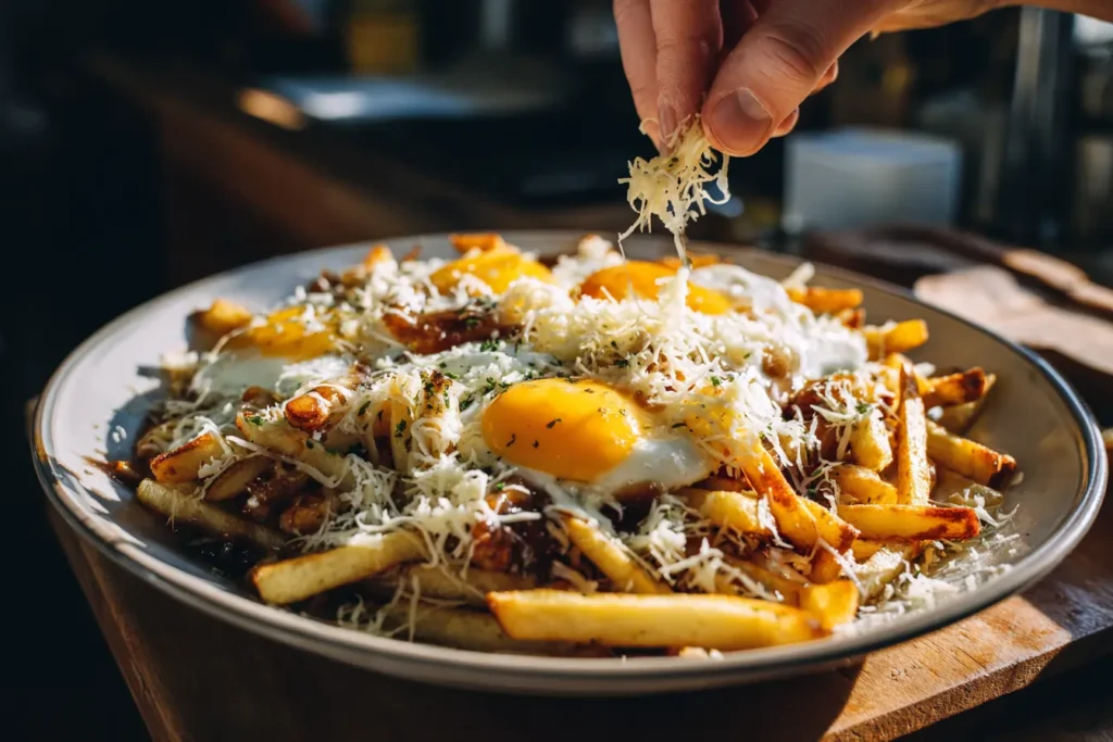 Breakfast poutine being assembled in a bowl with crispy fries, melting cheese, and fried eggs
