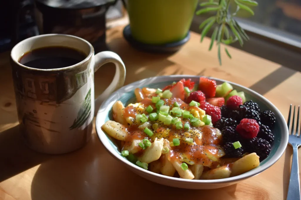 Breakfast poutine served with fresh berries and coffee on a cozy brunch table