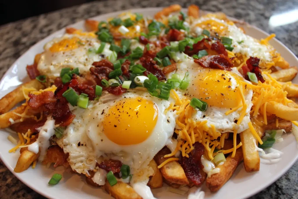 Hands placing fried eggs on breakfast poutine with cheesy fries, bacon, and green onions
