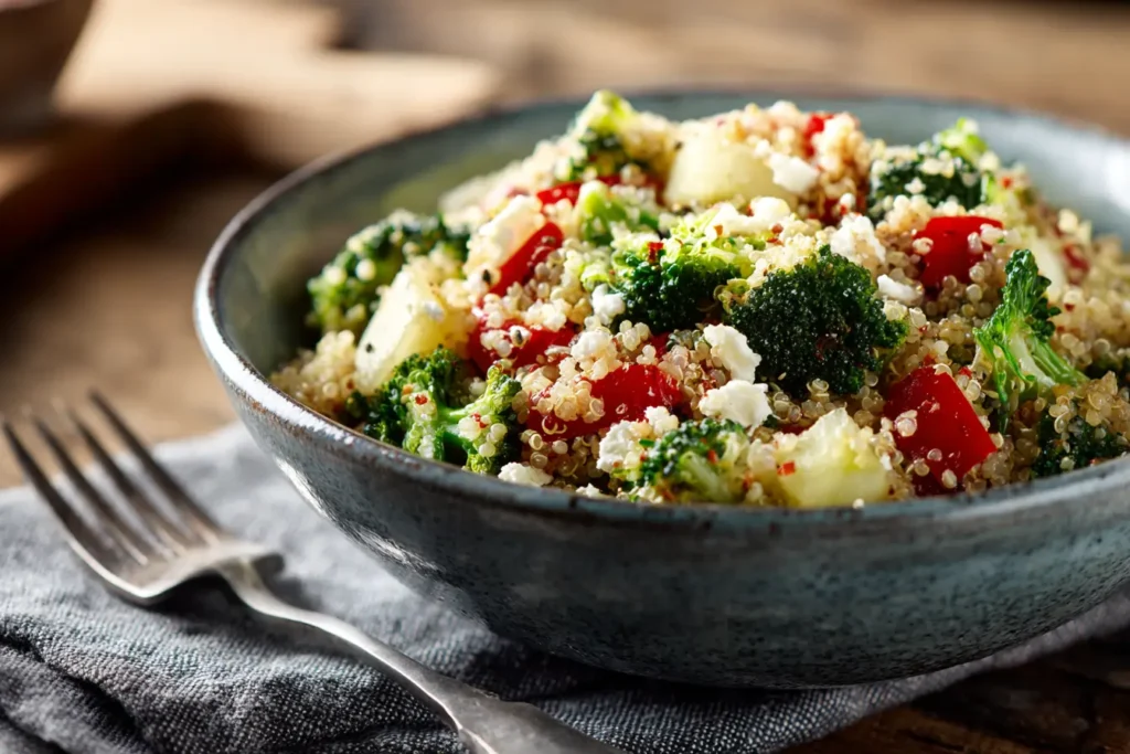 Close-up broccoli apple quinoa salad in a ceramic bowl