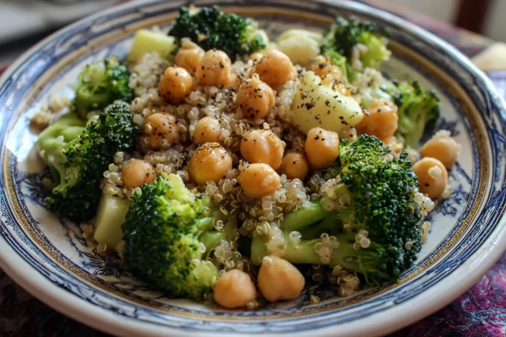 Broccoli apple quinoa salad topped with chickpeas