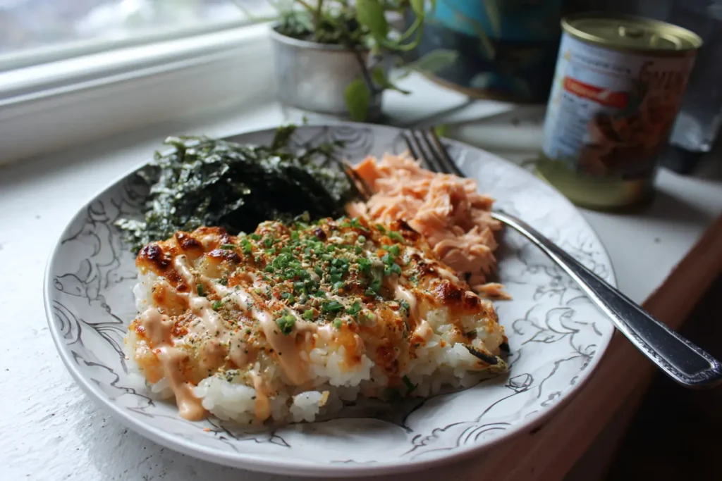 Budget version of spicy salmon sushi bake served with nori sheets, canned salmon visible beside the dish.