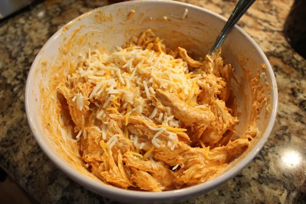 Close-up of creamy buffalo chicken enchilada filling being mixed in a bowl